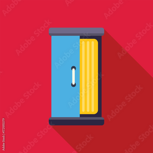 Modern sliding door wardrobe partially open revealing gold clothes inside, simple flat vector illustration with long shadow on red background