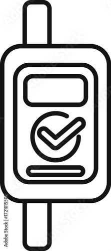 Simple black and white icon of a public transport validator device displaying a check mark indicating successful ticket validation
