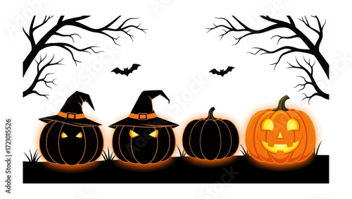 Spooky pumpkins and Halloween night: a collection of animated pumpkins each carved with unique expressions and illuminated by a vibrant light.