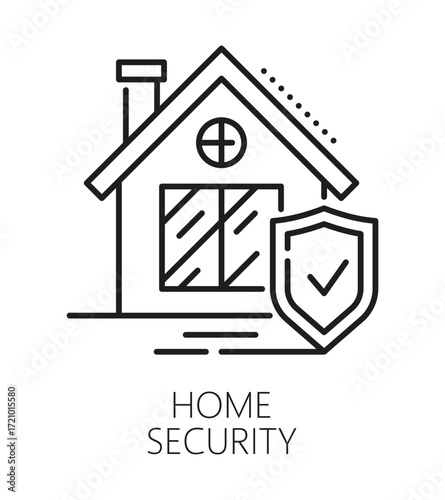 Home security and safety line icon or sign. Property security outline vector icon, house protection line sign. Building alarm service symbol or home safety outline pictogram with house and shield
