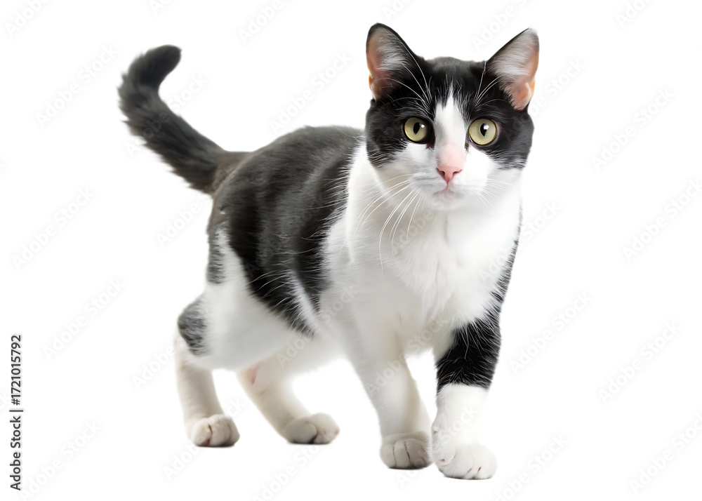 Obraz premium And white cat walking on white background isolated on a transparent background black and white cat 2