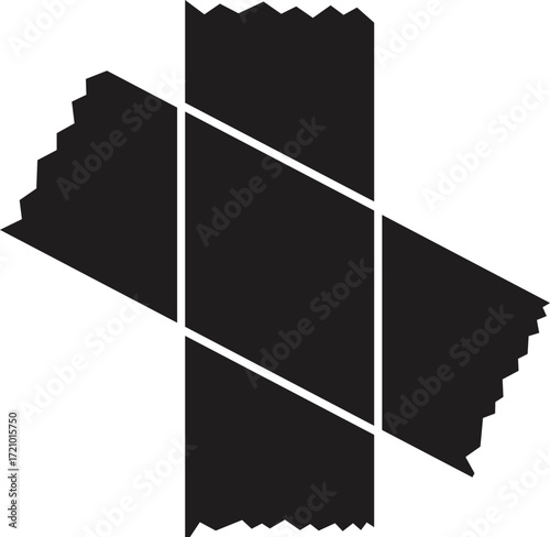 Pieces of black duct tape are crossing, fixing and repairing something on a white background