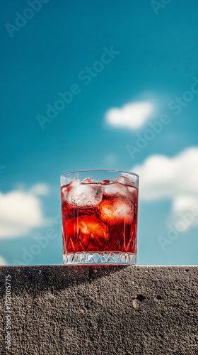 A glass of red beverage with ice cubes sits on a stone surface against a bright blue sky with fluffy clouds.
