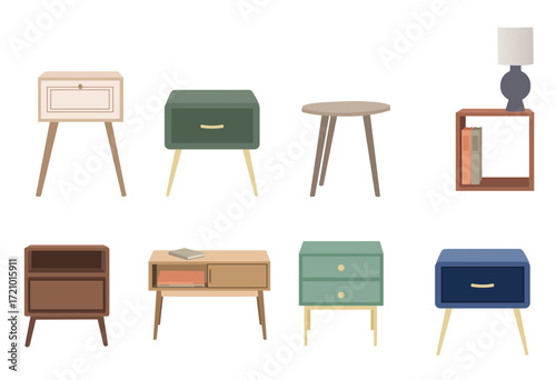 Set of bedside tables & nightstands illustrations, bedroom furniture vector set