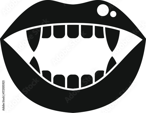 Vampire lips showing fangs baring teeth in black and white