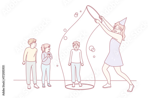 Happy woman entertainer playing with huge bubbles with small kids at birthday party. Smiling female have fun entertain children with game activities. Vector illustration.