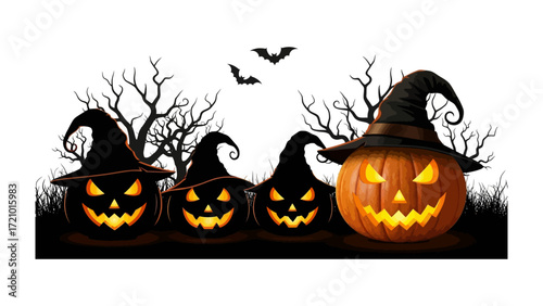 Spooky Pumpkins: A collection of carved pumpkins, adorned with pointed hats, stand menacingly against a spooky backdrop, as bats flutter through the air, perfect for Halloween.