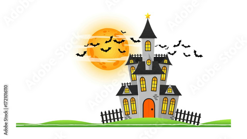 Spooky Mansion at Twilight: A chilling illustration of a haunted mansion under a full moon, framed by silhouette bats, capturing the thrill of Halloween with an atmosphere of eerie delight.