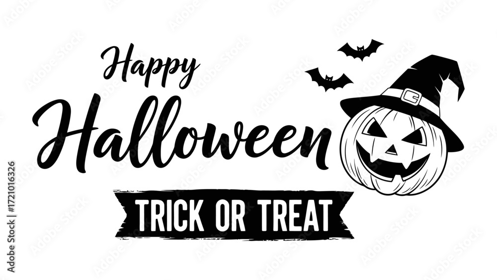 Fototapeta premium Happy Halloween Banner: A cheerful Happy Halloween message, complemented by a trick or treat banner and a smiling jack-o'-lantern, invites revelers to embrace the spirit of the spooky season.