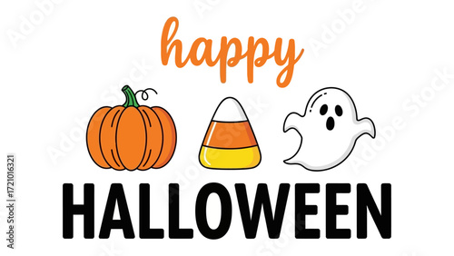 Happy Halloween: Embrace the spooky spirit of Halloween with this festive design, featuring a plump pumpkin, a sweet candy corn, and a friendly ghost. Perfect for creating invitations, decorations.