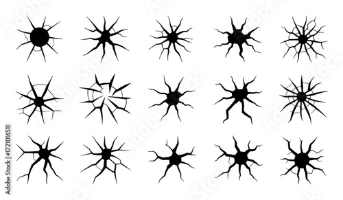 Collection of Black Cracked Glass and Surface Breakage Vector Graphics