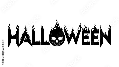 Halloween Silhouette Design: Spooky silhouette design showcasing the word Halloween with a central skull symbol, evoking the spirit of All Hallows' Eve, complete with flames.