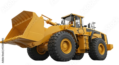 Yellow Front End Loader Heavy Construction Machine with Industrial Bucket and Large Tires, Powerful Wheel Loader Excavator on Transparent Background.