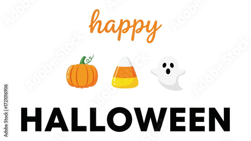 Happy Halloween Festive Scene: A whimsical Halloween graphic presents a cheerful pumpkin, delicious candy corn, and a friendly ghost, perfect for spreading holiday cheer.