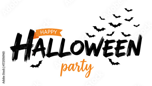 Happy Halloween Party Design: An alluring design embodies the essence of Halloween, the central word HALLOWEEN draws attention, with graceful bats that dance in the night sky.