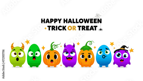 Halloween Cartoon Creatures: A cheerful lineup of whimsical Halloween characters brings spooky fun with Happy Halloween Trick or Treat banner.