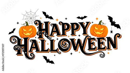 Happy Halloween Greeting: A festive greeting featuring smiling pumpkins, playful bats, and delicate spiderwebs conjures the enchanting spirit of Halloween, embodying a season of fun.