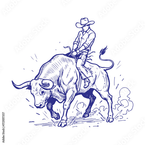 Classic hand drawn rodeo cowboy riding wild bull with lasso, dynamic western action, vintage wild west ranch lifestyle, country farm sport culture, detailed black and white line art vector 