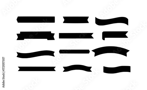 Collection of Black Ribbon and Banner Silhouettes on White Background