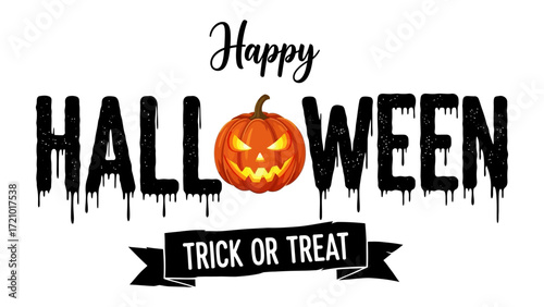 Halloween Festive Greeting: A spooky Halloween greeting. Features an illustrated glowing pumpkin with a carved face, Happy Halloween typography, and Trick or Treat banner.