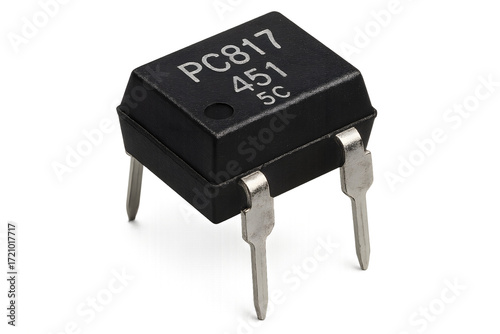 Photos Macro close-up of pc817 optocoupler dip package with metal leads black plastic o