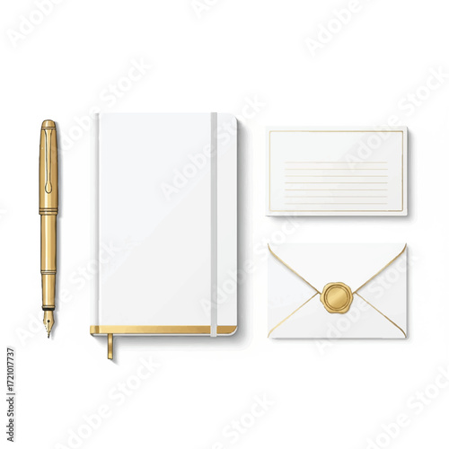Flat lay of a gold pen, white notebook, greeting card, and sealed envelope with gold accents on a plain white background.