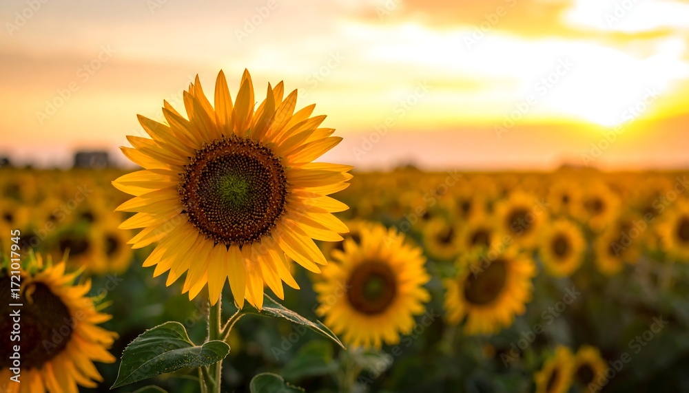 Obraz premium Sunflower field at sunset (1)