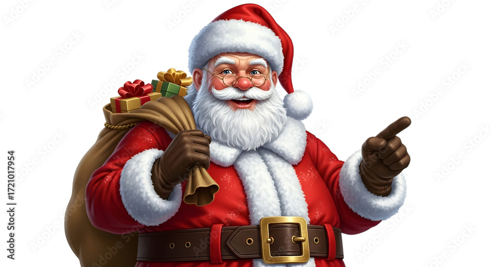 Obraz premium Santa claus pointing with a sack of gifts over his shoulder, isolated on transparent background
