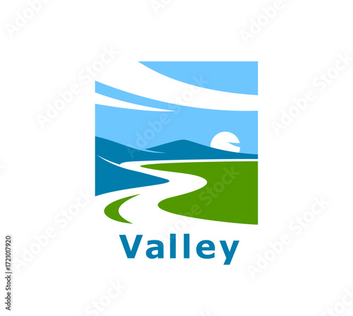 Mountain river valley, road path landscape icon. Business brand vector emblem or graphic sign. Company icon or travel agency symbol with mountain road or way, bendy river green valley, hills and sun