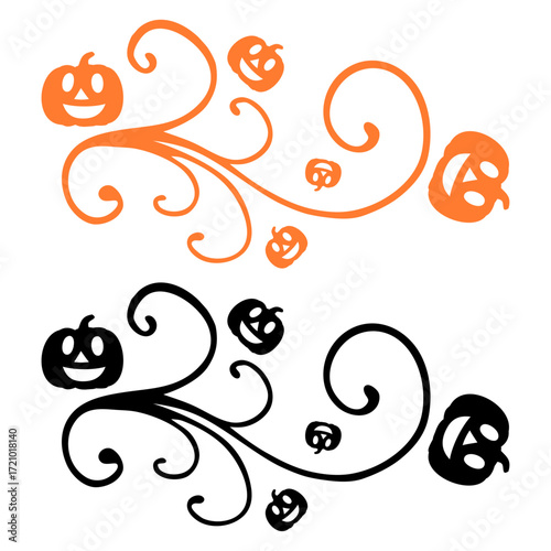 Logo con silueta de calabaza alegre de Halloween con filigrana caligráfica. Silueta con florituras para su uso en tarjetas y felicitaciones