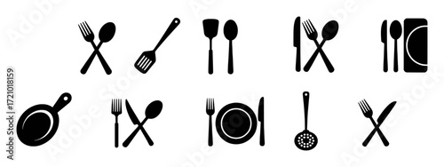 Collection of Black Silhouettes of Kitchen Utensils and Cutlery