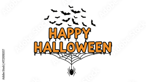 Happy Halloween Celebration: A playful and inviting design, featuring Happy Halloween text, an eerie spider web, and bats in the background. creating a mood of joyful spookiness.