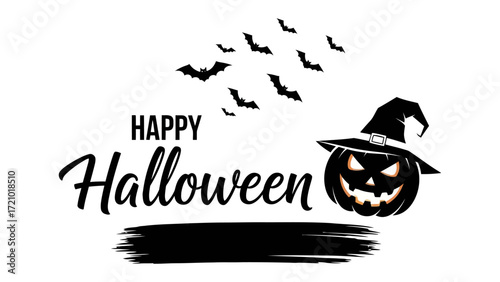 Happy Halloween Graphic: A festive Halloween design featuring a grinning jack-o'-lantern wearing a witch's hat and a flock of bats against a dark background.