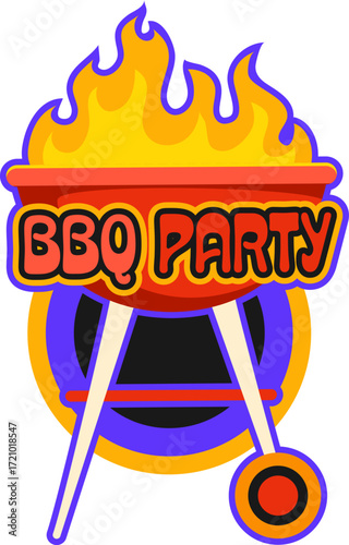Barbeque meat, grill menu retro Y2K sticker or print. Meat gourmet meal 60s Y2K vector tag, butchery market beef BBQ sticker. Beefsteak barbeque patch with fire in charcoal grill and typography