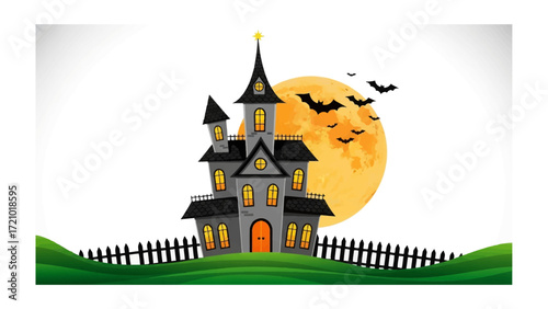 Haunted Mansion Halloween Night: A captivating illustration of a spooky mansion under a glowing orange moon, surrounded by silhouetted bats and a picket fence.