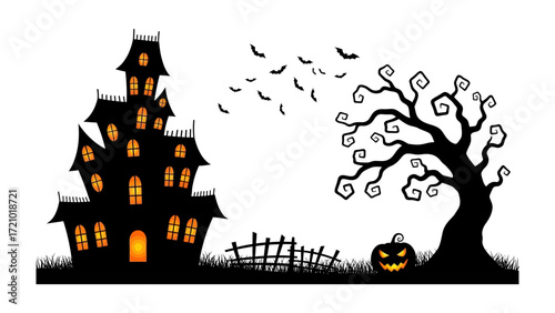 Spooky Night: A silhouette scene capturing the essence of Halloween night with a haunted house, creepy tree, flying bats, and carved pumpkin, symbolizing the spirit of fright and festivities.
