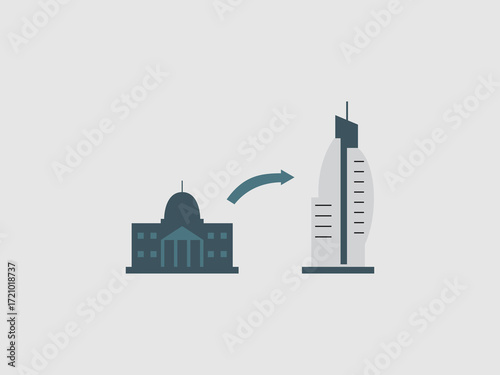 building on the left and a modern skyscraper on the right