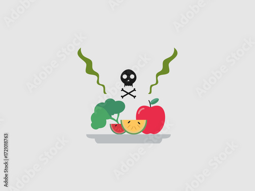a skull and crossbones icon hovering above a plate of fruit and vegetables