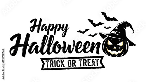 Happy Halloween Celebration: A spooky Halloween themed typography with a jack-o'-lantern and bats flying, evokes the fun, and eerie atmosphere of the season.