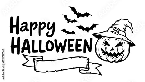 Spooky Halloween Wishes: A monochrome artistic rendering with the cheerful words Happy Halloween, is adorned by a jack-o'-lantern, and bats adding an eerie sense of playful celebration