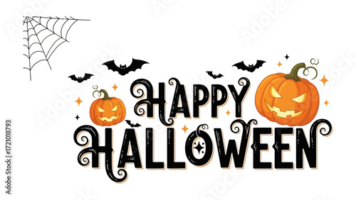 Halloween Night: A festive Halloween image featuring cheerful carved pumpkins, bats and spiderwebs against an orange background.