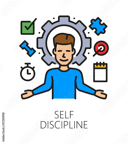 Self discipline life skill color line icon or pictogram. Personal life skill, personality self discipline ability vector sign. Time management icon with man character and daily tasks planning symbols