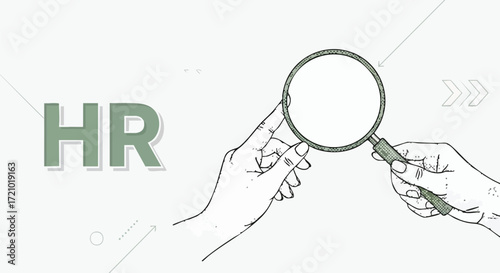 Conceptual illustration of Human Resources, showing hands with a magnifying glass for searching and recruiting talent.