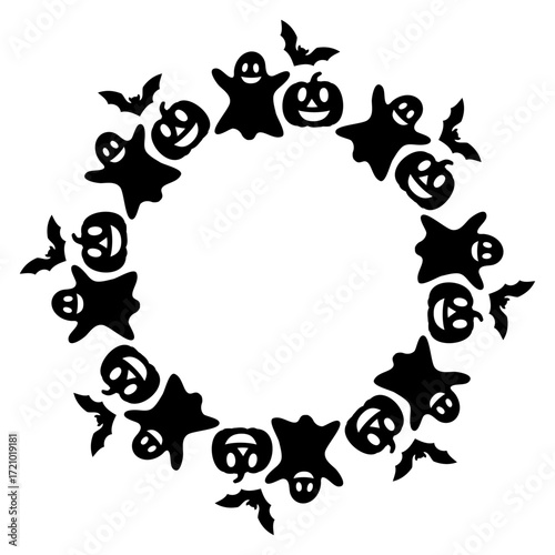 Logo con marco con silueta de murciélago, fantasma y calabaza alegre de Halloween para felicitaciones y tarjetas