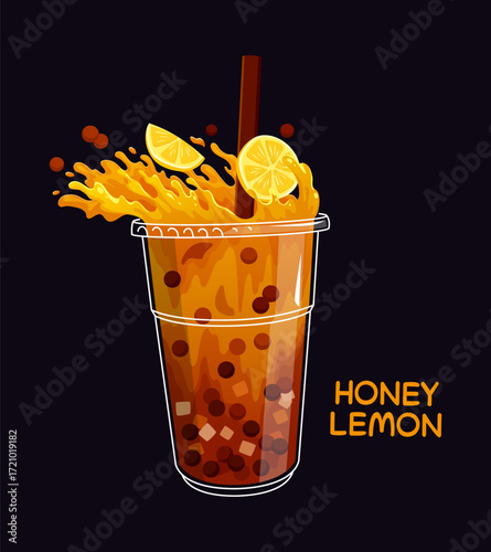 Honey lemon milk bubble tea beverage cup. Takeaway restaurant bubble tea sweet cocktail cartoon vector splash, takeout cafe summer milkshake beverage. Fast food smoothie with lemon, honey and straw