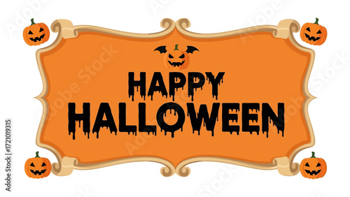 Halloween Greeting Card: A whimsical greeting card spells out Happy Halloween against an orange backdrop, with adorable pumpkins and spooky bats. Evoking the eerie spirit of the holiday.