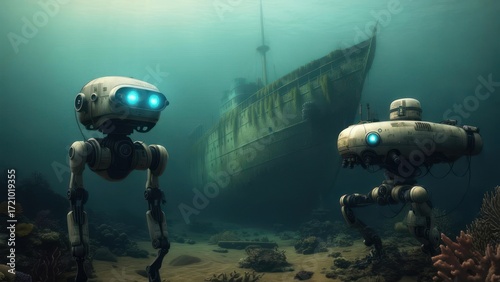 Wallpaper Mural Robots exploring sunken ship underwater scene Torontodigital.ca