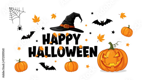 Spooky Halloween Display: A festive and vibrant Halloween design, featuring a grinning Jack-o'-lantern, witch's hat, bats, spiders, and pumpkins. perfect for cards, invites.