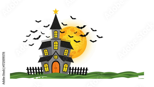 Spooky Mansion on Halloween Night: A haunting silhouette of a mansion stands against a moonlit sky, with bats taking flight, embodying the spooky essence of a Halloween night.