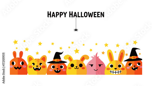 Happy Halloween Gathering: A cheerful gathering of whimsical creatures in vibrant hues, celebrating the spooky season with playful smiles.